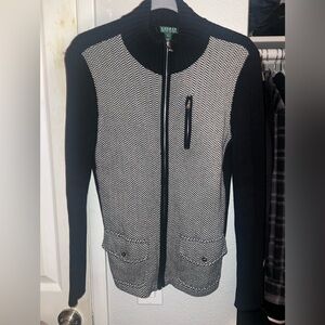 Ralph Lauren Black White Herringbone Cardigan Sweater Size S